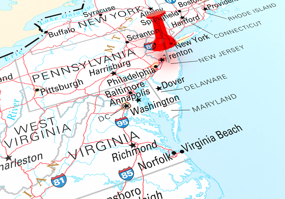 Map of Eastern US with red pin on New Jersey